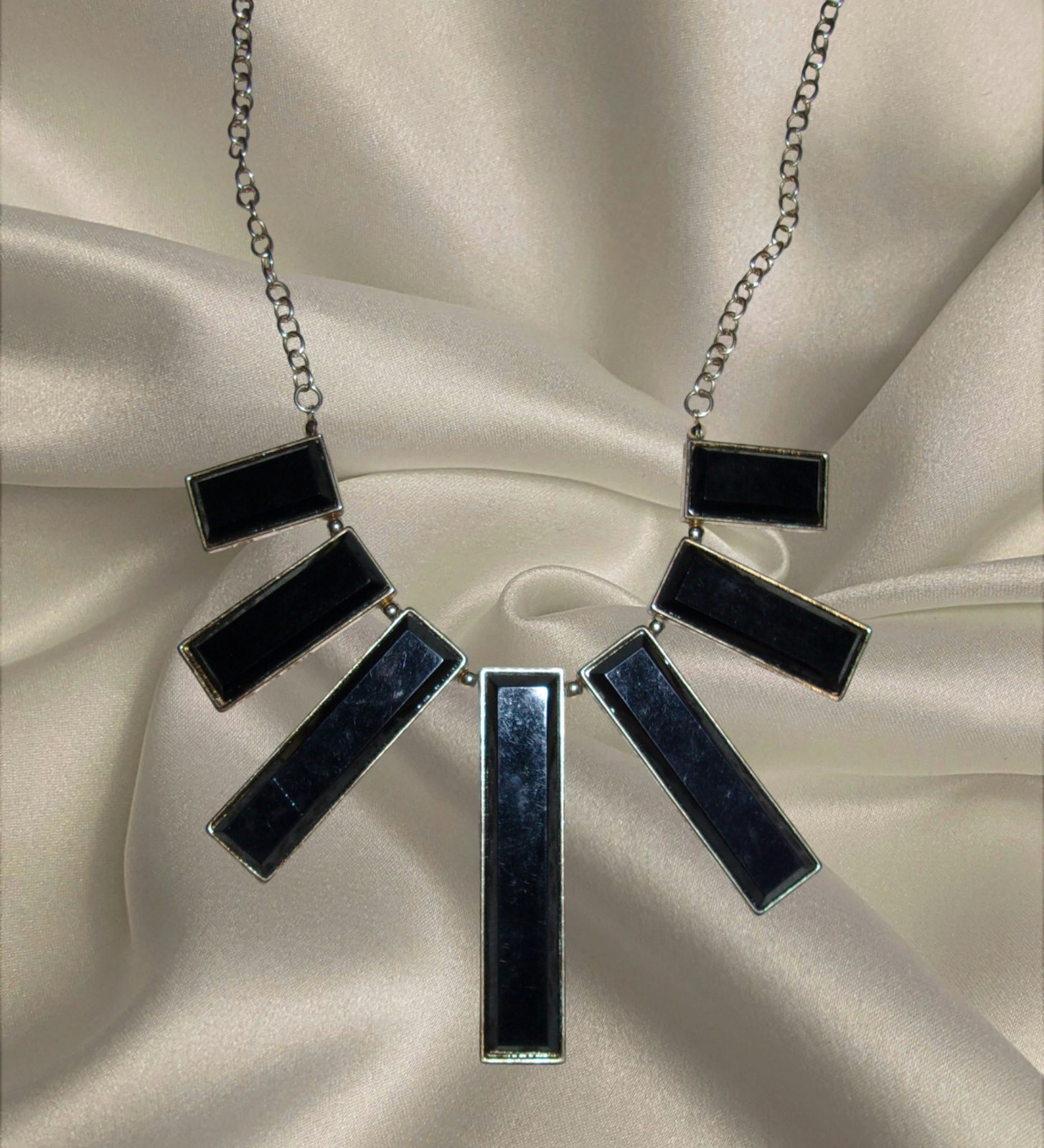Black Rectangular Pendant Bib Necklace Silver Ton… - image 2
