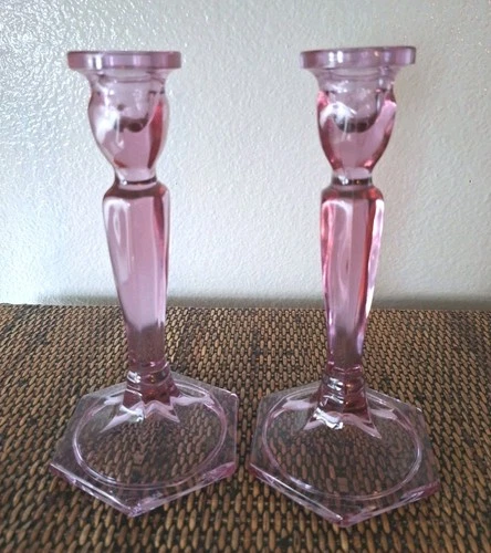Fenton Wisteria Pink Lilac Glass Hexagonal Candlestick Candle Holders 8.5" Tall