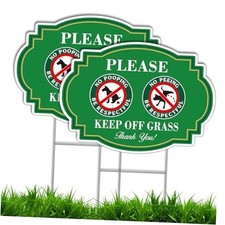 2 Pack Keep Off Grass Sign with Metal H-Stake, 14"X10" Dog Signs No Pooping