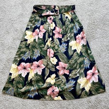 Vintage Floral Women s Belted Midi Skirt Cottage Garden Jungle Tropical Size M