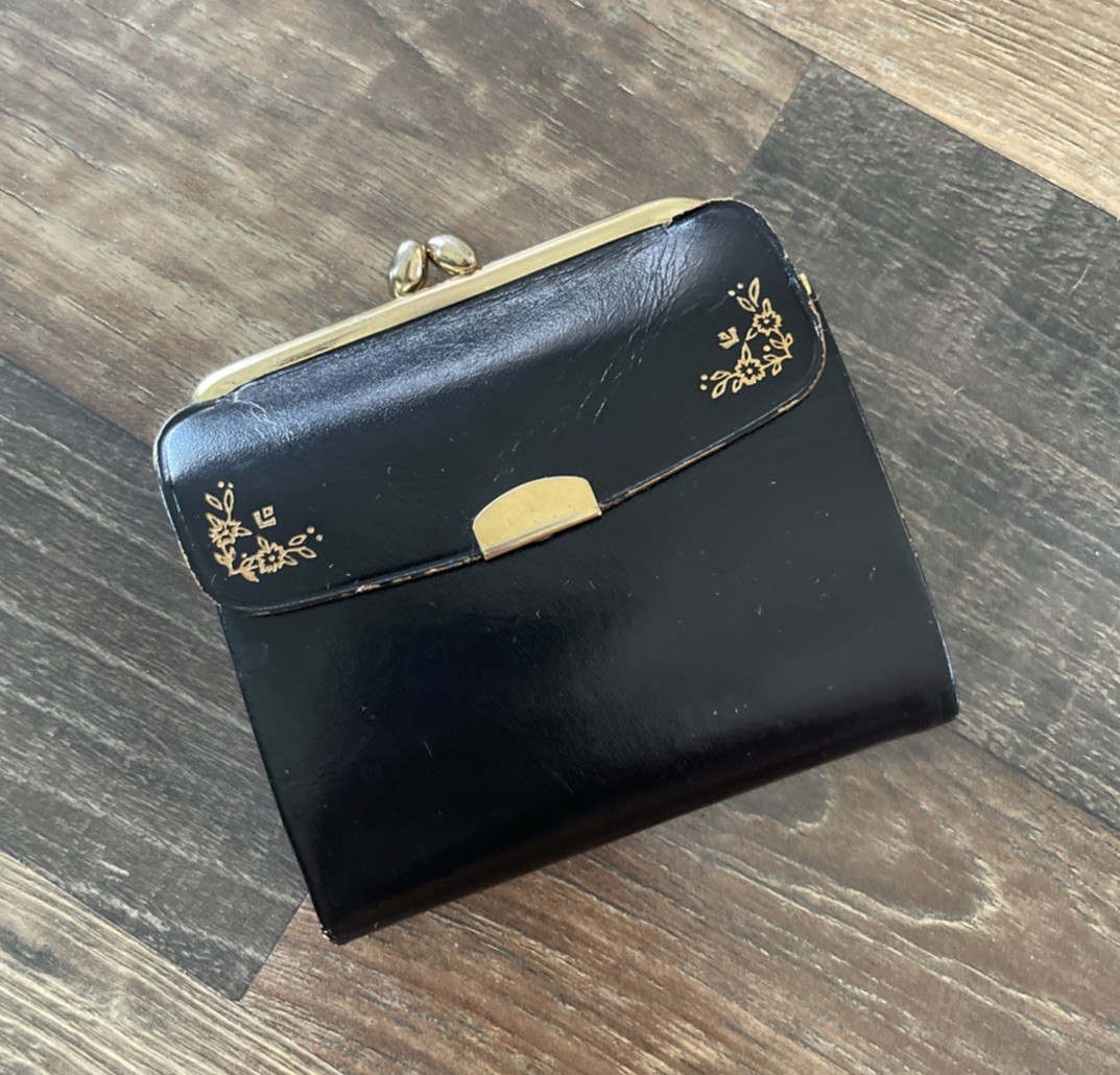 Vintage Black Leather And Gold Flowers Kiss Lock Bifold Wallet