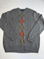 Dockers Mens Crew Neck Jumper Sweater Cable Knit XL Grey Argyle/Diamond Cotton