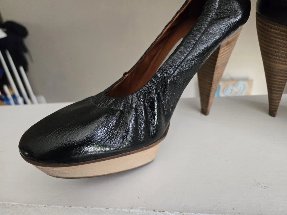 Zapatos de salón de ballet Lanvin negros tacones de aguja de madera talla FR 38 US 7 EUR 37 Vero Cuoio Foto 3 de 4