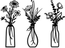 3 Pieces Metal Flowers Wall Arts - Rustic Farmhouse Decor Black Minimalist Flowe