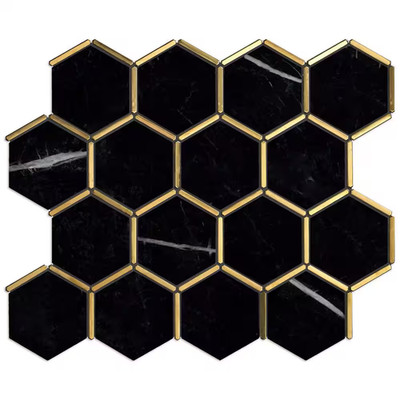 Natural Blanco Black Gold 12.8 In. X 11.11 In. Hexagon Polished Marble Mosaic Ti