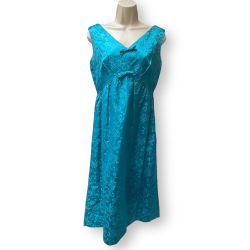 1960’s Empire Waist Teal Blue Chinese Floral Brocade Sleeveless Dress With Bows - Picture 3 of 16