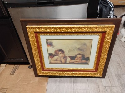 2 Cherubs Framed Matted Art Print By Raphael/30×26/Very Nice Vtg Frame Gold...