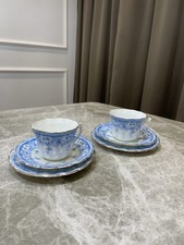 Vintage Royal Blue White Tea Cups Saucers Plates Set of 2 Crown Mark