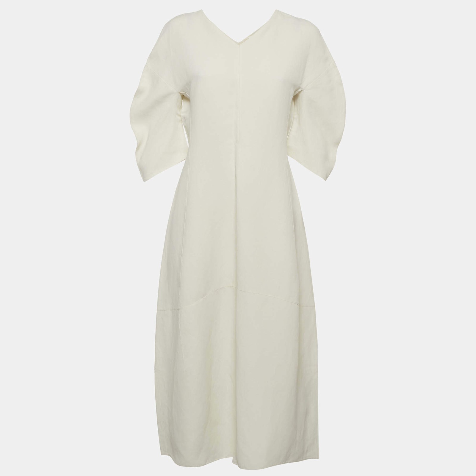 Jil Sander White Linen Curved Sleeve VNeck Midi Dress S