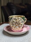 Antique German Porcelain Pink Green Gold Lustreware Cup Saucer Applied Flowers