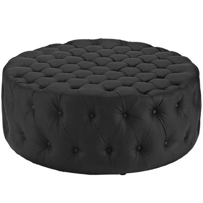 Hawthorne Collections Faux Leather Black Ottoman Round Tufted 40'' Unassembled