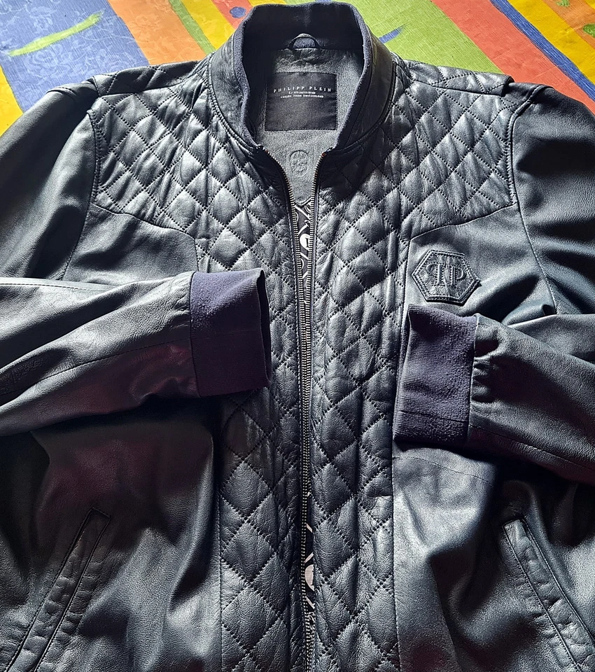 КУРТКА ИТАЛИЯ ПОДЛИННЫЙ PHILIPP ПРОСТОЙ ЛОГОТИП ТЕМНО-СИНИЙ КОЖАНЫЙ МУЖЧИН US46 EU56 - Изображение 4 из 4