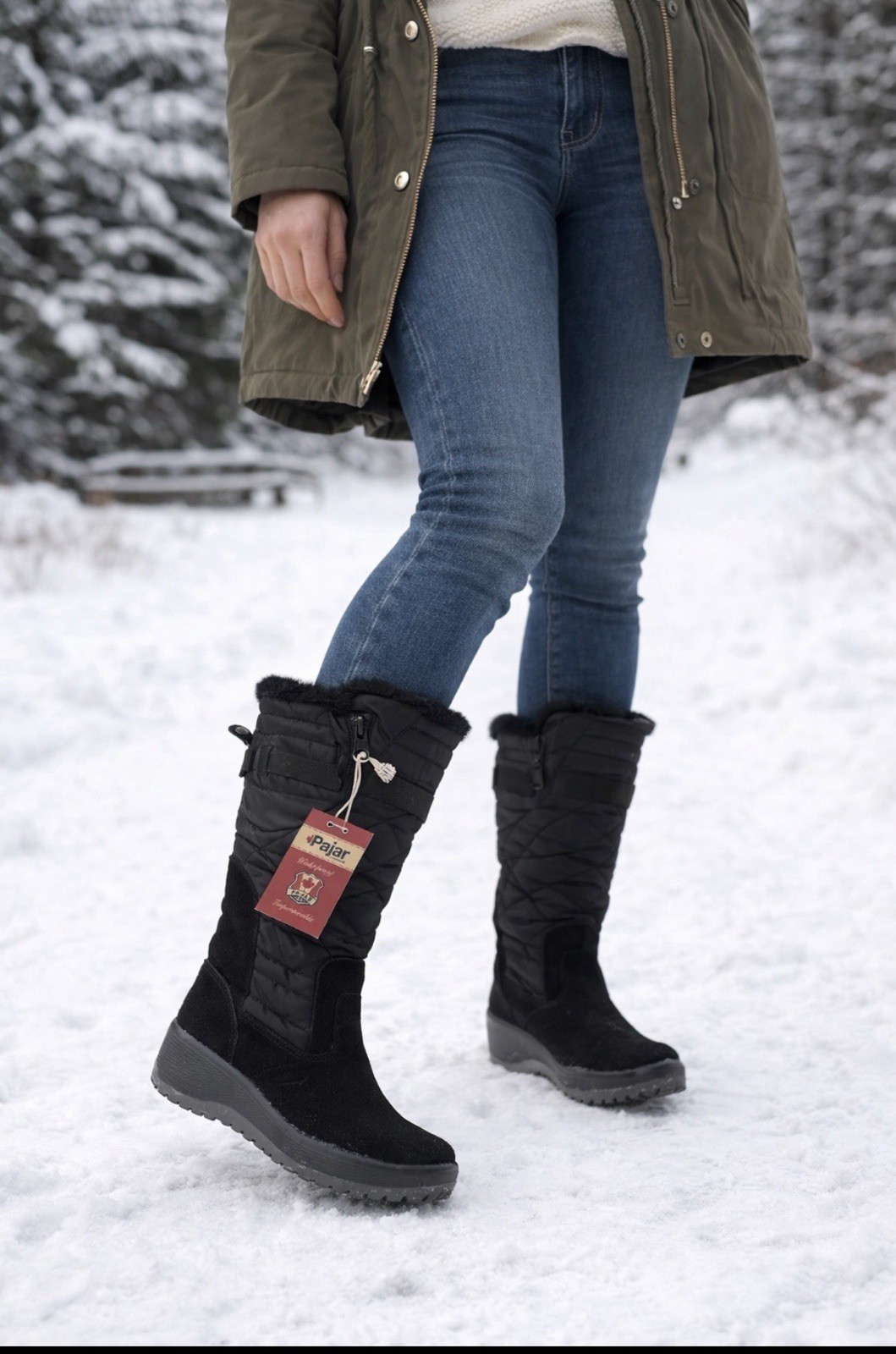 Pajar Canada Waterproof Winter Boots Black Quilted Fur Trim 