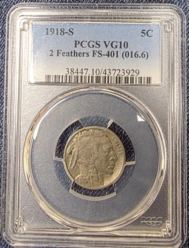 1918-S Two Feathers FS-401 Buffalo Nickel Coin VG10