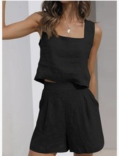 Women  s 2 Piece Outfits Lounge sleeveless Tank Tops Shorts Summer Set Black L