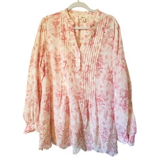 Style & Co Floral Print Pintuck Eyelet Lace Tunic Top Womens XL Pink White Boho