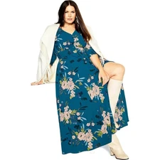 City Chic Emmaline Floral Maxi Dress Teal Blue Button Smocked High Slit Sz M/18