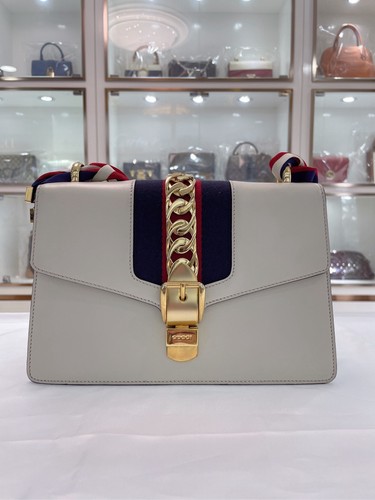 GUCCI White Calfskin Leather Medium Sylvie Shoulder Bag  authentic