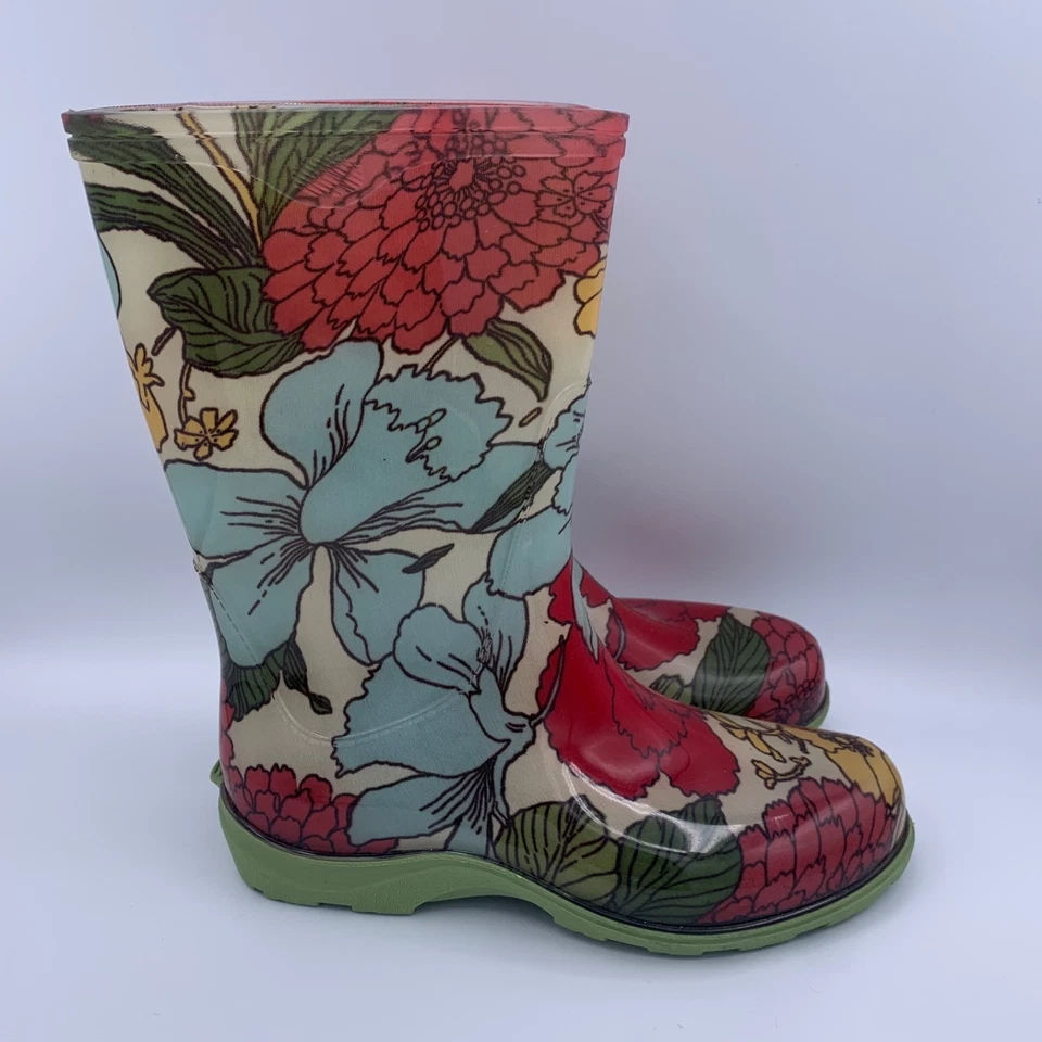 NOVO Sloggers Feminino Tamanho 7 Botas de Chuva de Borracha Floral Vermelho Azul Flor Poder Jardinagem - Imagem 4 de 4