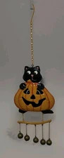 VTG Halloween Metal Wind Chime Bells Black Cat Pumpkin Bells Hanger Hook Decor