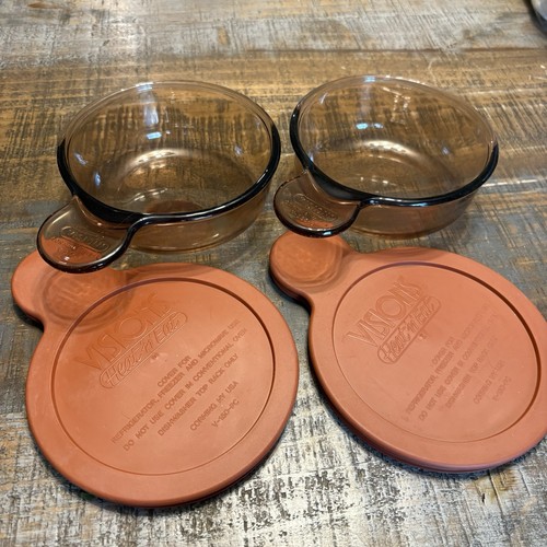 2 VTG Amber Corning Visions Heat N Eat Grab it Bowl V-150-B w/Lid V-150-PC