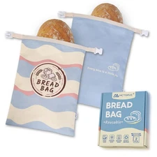 2-Pack XL Reusable Bread Bags, Cotton Zipper, Plastic Lining, Sourdough, Gift