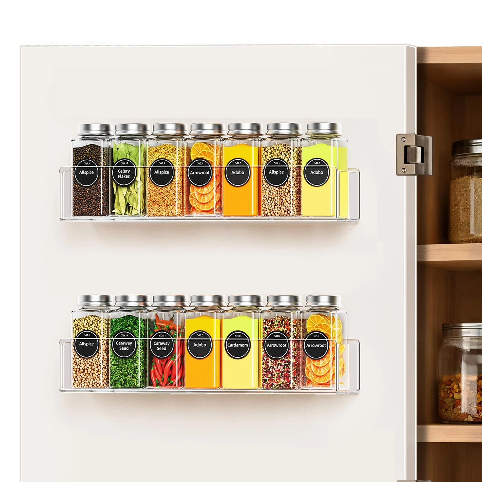 Wall Mounted Acrylic Spice Rack 2 Pack, 12 Inch Clear Pantry Door Organizer, ...