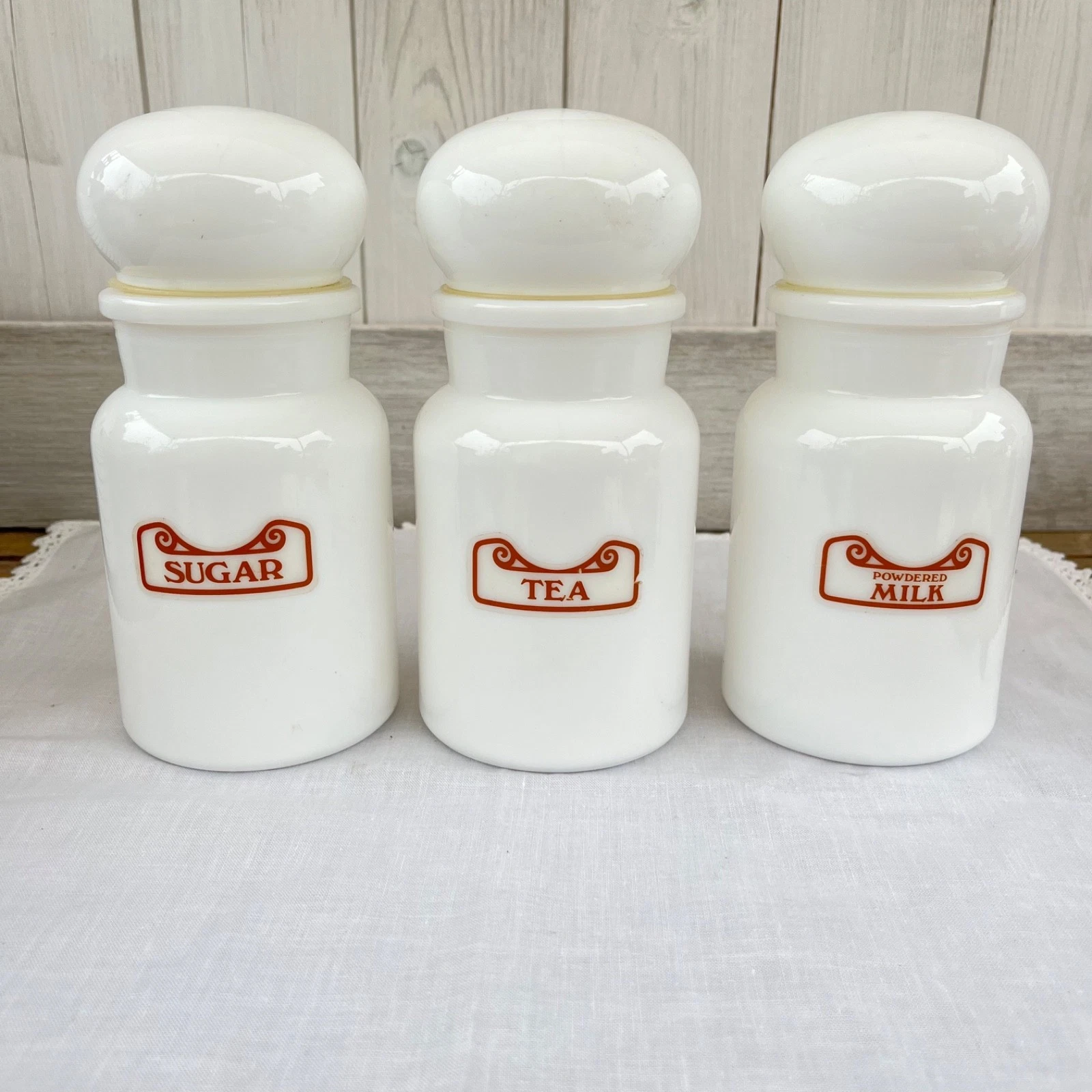 Vintage Bubble Top Apothecary StorageJars x 3. Milk Glass Belgium 1960s 1970s