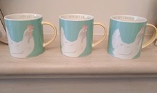 Set of 3 Sainsbury's Home Easter hen/chicken turquoise mugs "let's get cracking"