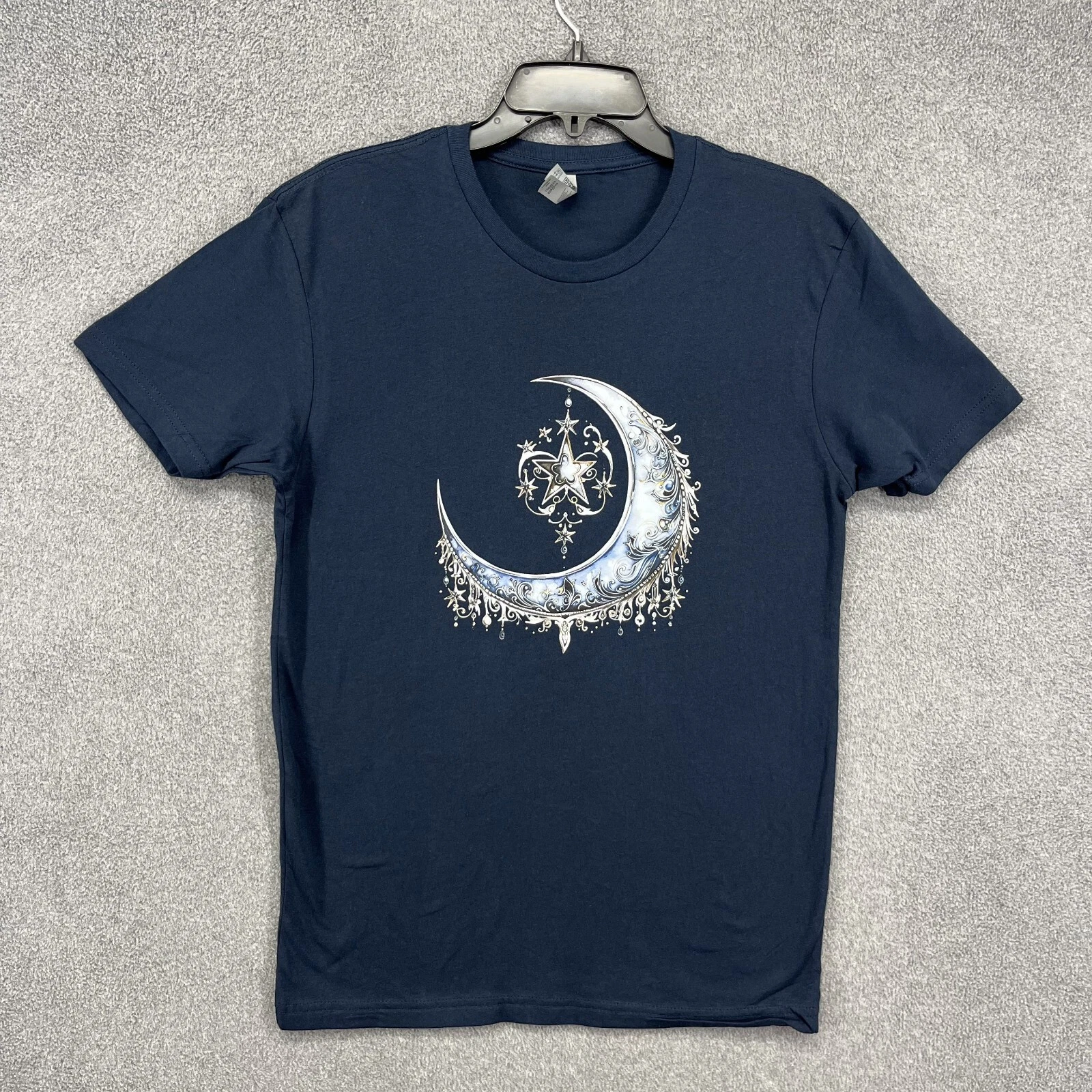 Star Moon Graphic T-Shirt Small Navy Blue print design Tee