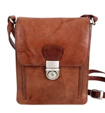 BROWN REAL LEATHER MULTI COMPARTMENTS SMALL X-BODY SHOULDER BAG TRAVEL BAG