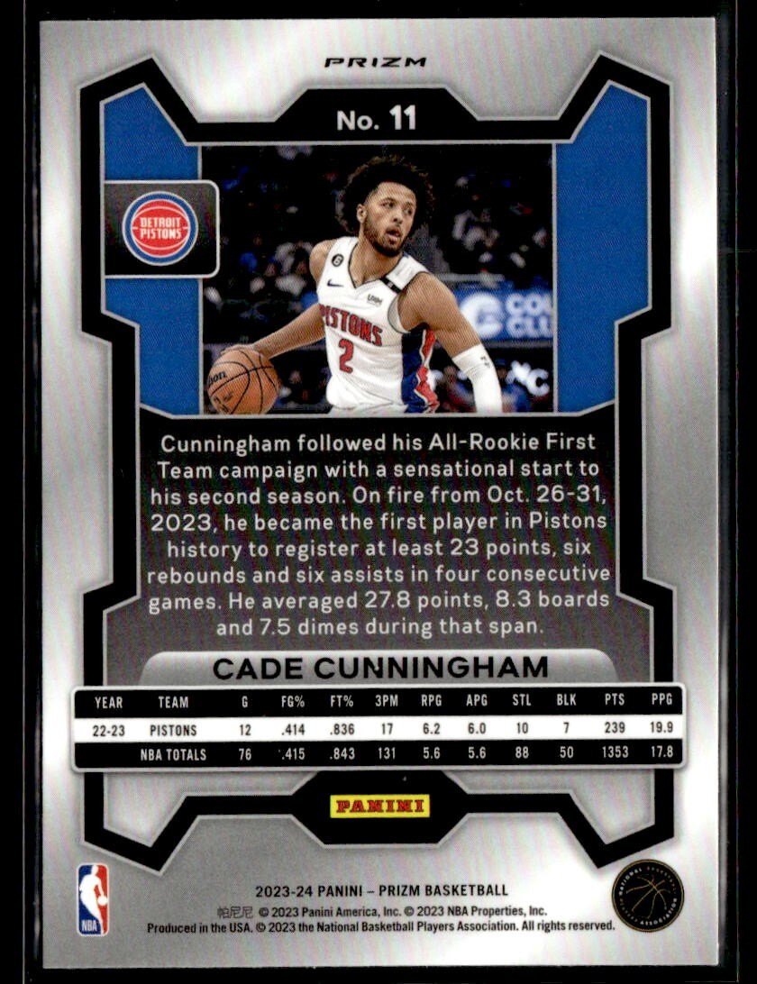2023-24 Panini Prizm Cade Cunningham Silver Prizm #11 2023-24 Panini Prizm Cade Cunningham Silver Prizm #11