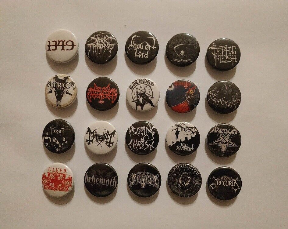 20 X Black Metal band buttons (25mm, 1 inch, pins, heavy metal, badges)