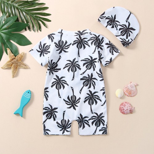 Boy Swimsuit Suit Summer Swimming New Coconut Tree Print Swimsuit + Swimming Cap - Picture 4 of 13