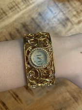 NEW Persona Women's Gold White Mother Of Pearl Crystal Accented Bangle Watch