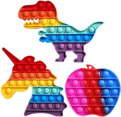POP BUBBLE FIDGET STRESSABBAU QUETSCHSPIELZEUG, DINOSAURIER EINHORN & APFEL, 3er Pack
