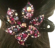 New Black With Multi Color Crystal Floral 4'' x 2'' Alligator Slide Hair Clip