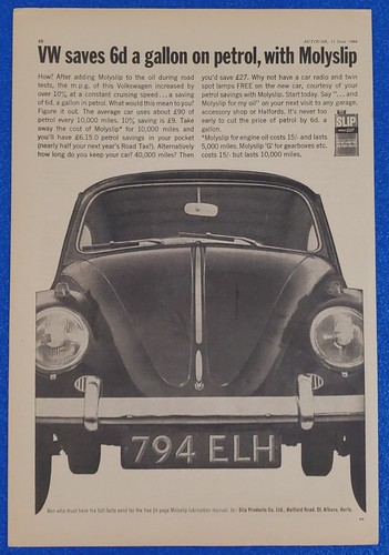1964 MOLYSLIP OIL ADDITIVE IMPROVES GAS MILAGE VOLKSWAGEN BUG ORIGINAL PRINT AD