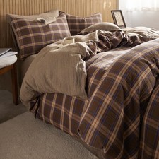 EAVD Vintage Style Brown Blue Buffalo Plaid Duvet Cover Set Queen Soft 100 C...