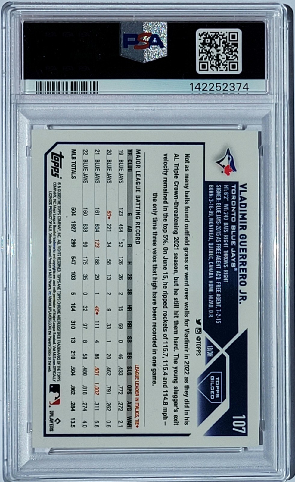 2023 Topps Gilded Collection  VLADIMIR GUERRERO JR.  #107   PSA 9   84/99  JAYS view 3