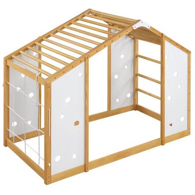 Twin Size Climbing Bed 2-in-1 Montessori Floor Bed with Monkey Bars-Natural and 