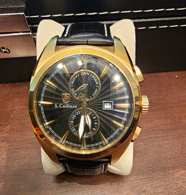 S. Coifman Men's Quartz Dress Watch Black Dial Date Gold. Has Original Box.