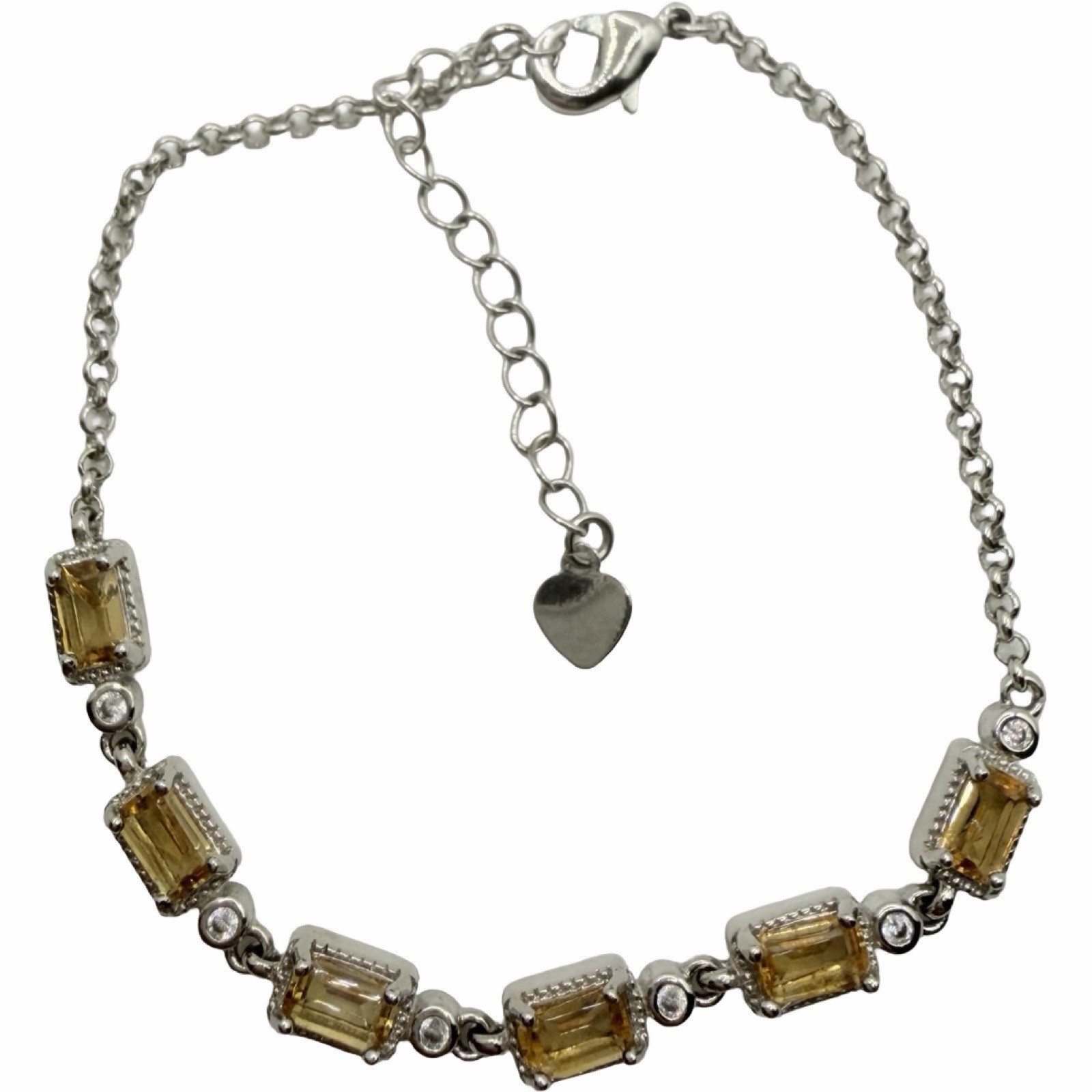 Citrine Color Tennis Bracelet Silver Tone Emerald Cut Crystal Adjustable 7-7.5”