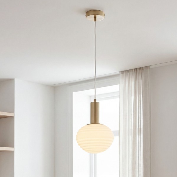 HäNgelampe Esszimmer Glas Weiß Metall Ø18 Cm Rund E27 Pendelleuchte Gold-image