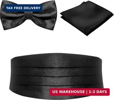 Black MenS Adjustable Cummerbund Satin Sheen Formal Solid Pre-Tied Bow Tie Pock