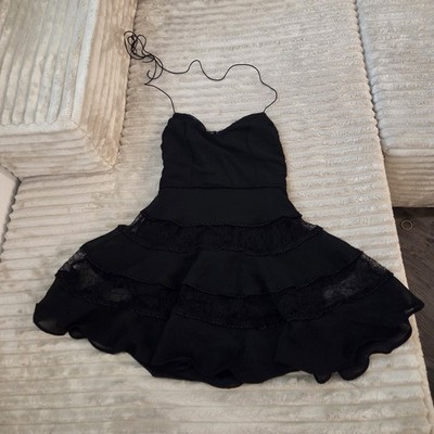 Favlux Black Lace Tiered Ruffle Corset Mini Dress Size S Tie Back Sweetheart