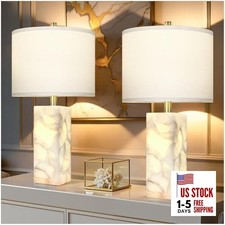 Alabaster Table Lamp Set of 2 with Night Light for Bedroom Living Room, White