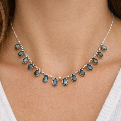 Natural Labradorite Gemstone 925 Sterling Silver Jewelry Necklace Size-17-18''