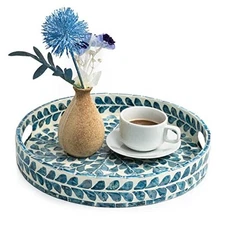  Serving Tray 12.5 Inch, Lacquer Mother of Pearl Inlay Mosaic Tray, Leaf Style