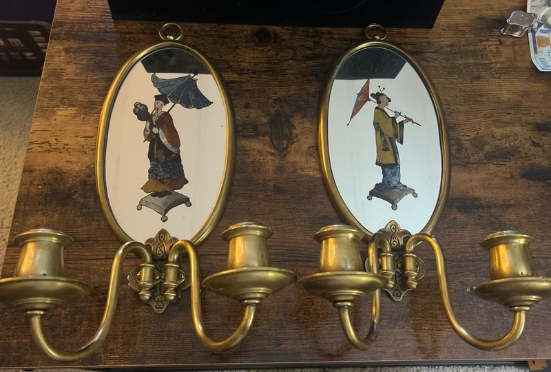 Pair Antique Chinese Handpainted Candle Sconces W/ Crystals 